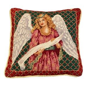 C&F Christmas Angel Handmade Needlepoint Pillow Wool 14 x 14 Green Velvet Back